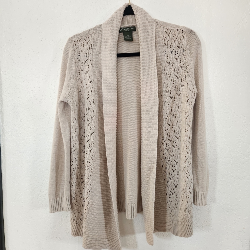 Eddie Bauer Cream Open-Front Linen Chrochet Cardigan Size M Cottagecore Beach